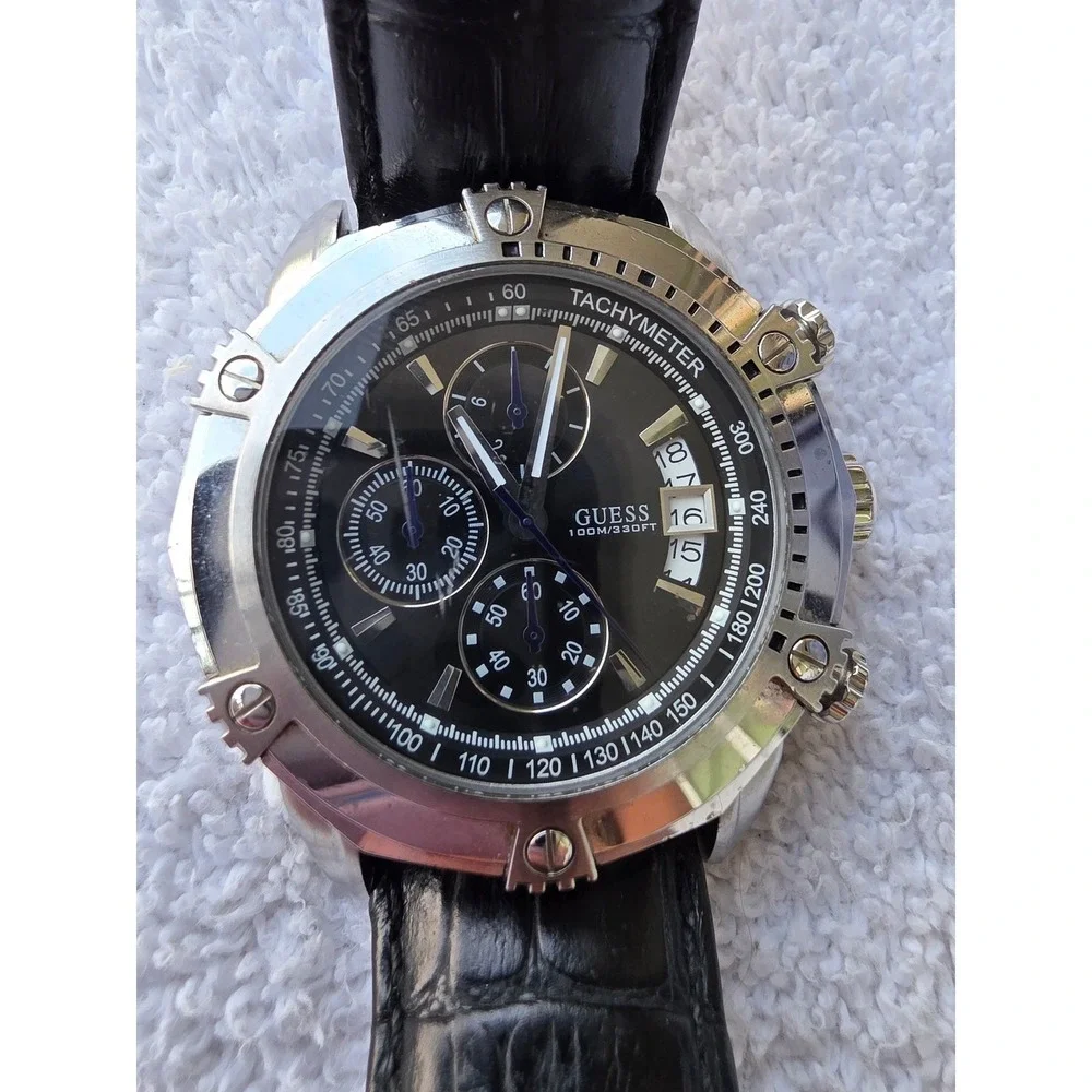 Guess Waterpro Chronograph Mens Watch Black Leather Strap U16518G2 100M Stainles